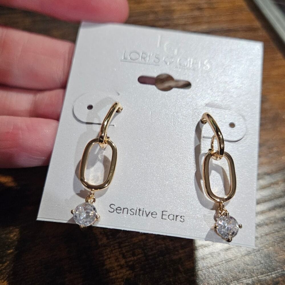 Lori's Gifts Gold-Tone Paperclip Drop Earrings w/ Clear Crystal Charm ~ Office